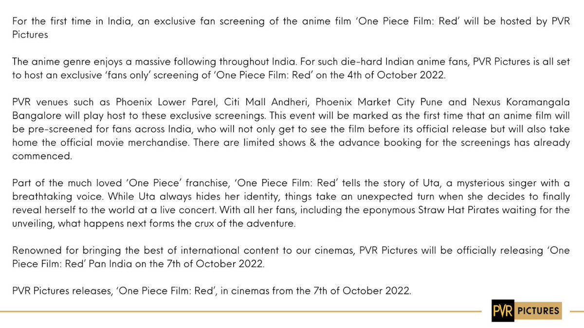 PicturesPVR's tweet photo. Official Press Release regarding India's first ever Exclusive Fan Screenings.

#OnePiece #OnePieceRed #OPR #FanScreening #SpecialScreening #CanBadges #Merch #PVRPictures #Shanks #Uta #StrawHats #AnimeInIndia #AnimeIndia #AnimeMovie #AnimeFilm #AnimeFans #IndianAnimeCommunity https://t.co/WxobP1UyKn