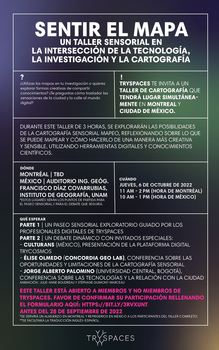IGeografiaUNAM's tweet photo. "Sentir el mapa" un taller sensorial en la intersección de la tecnología, la investigación y la cartografía,  de forma simultánea en Montréal y Ciudad de México 🌎

📅6 octubre, a partir de las 10:00 horas CDMX
Registro en la siguiente liga: https://t.co/wEzfzbYJUF https://t.co/wAWo0SeqPP