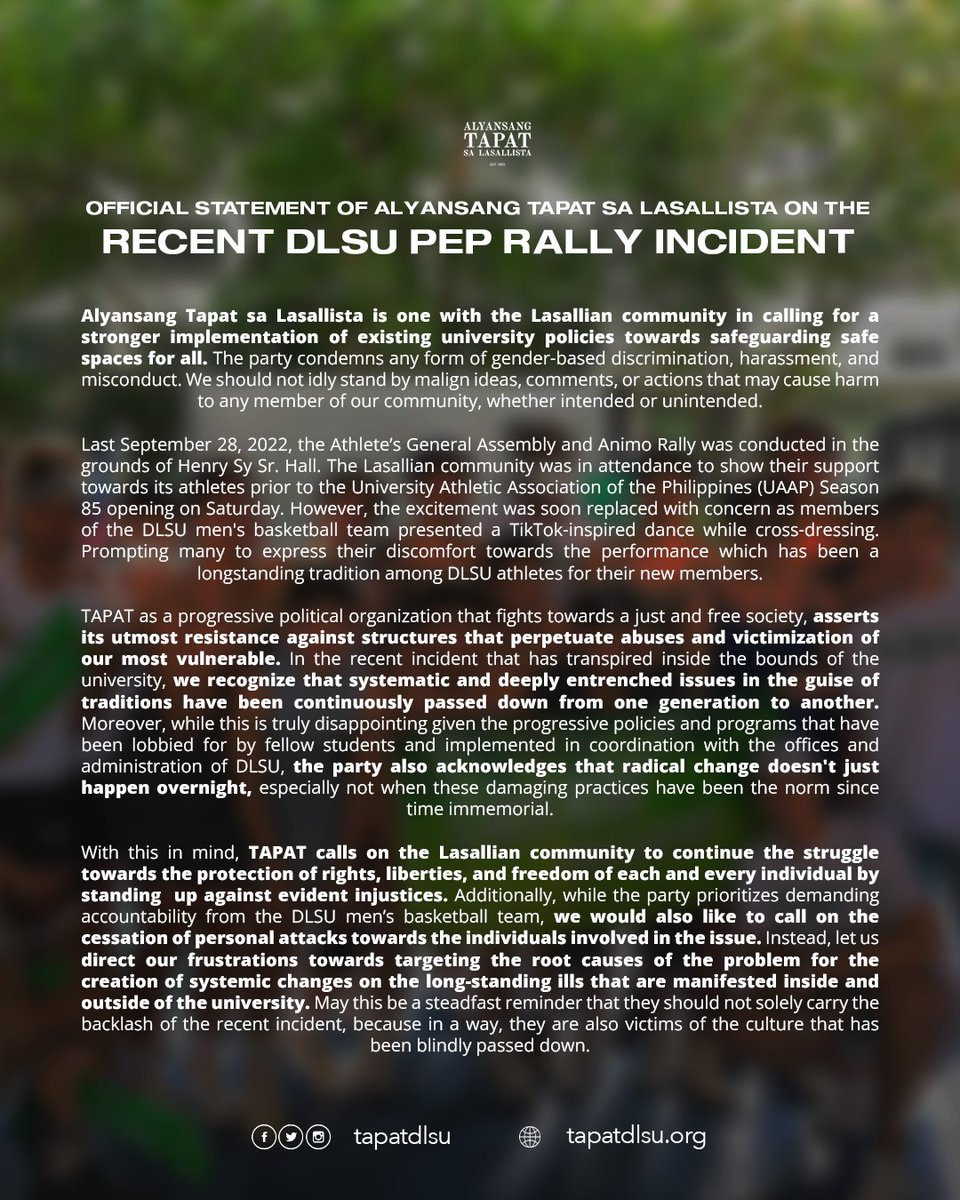 TapatDLSU's tweet photo. 𝗢𝗙𝗙𝗜𝗖𝗜𝗔𝗟 𝗦𝗧𝗔𝗧𝗘𝗠𝗘𝗡𝗧 𝗢𝗙 𝗔𝗟𝗬𝗔𝗡𝗦𝗔𝗡𝗚 𝗧𝗔𝗣𝗔𝗧 𝗦𝗔 𝗟𝗔𝗦𝗔𝗟𝗟𝗜𝗦𝗧𝗔 𝗢𝗡 𝗧𝗛𝗘 𝗥𝗘𝗖𝗘𝗡𝗧 𝗗𝗟𝗦𝗨 𝗣𝗘𝗣 𝗥𝗔𝗟𝗟𝗬 𝗜𝗡𝗖𝗜𝗗𝗘𝗡𝗧

#SOGIEEqualityNow
#PassTheAntiDiscriminationBill https://t.co/VXXLAGq4rx