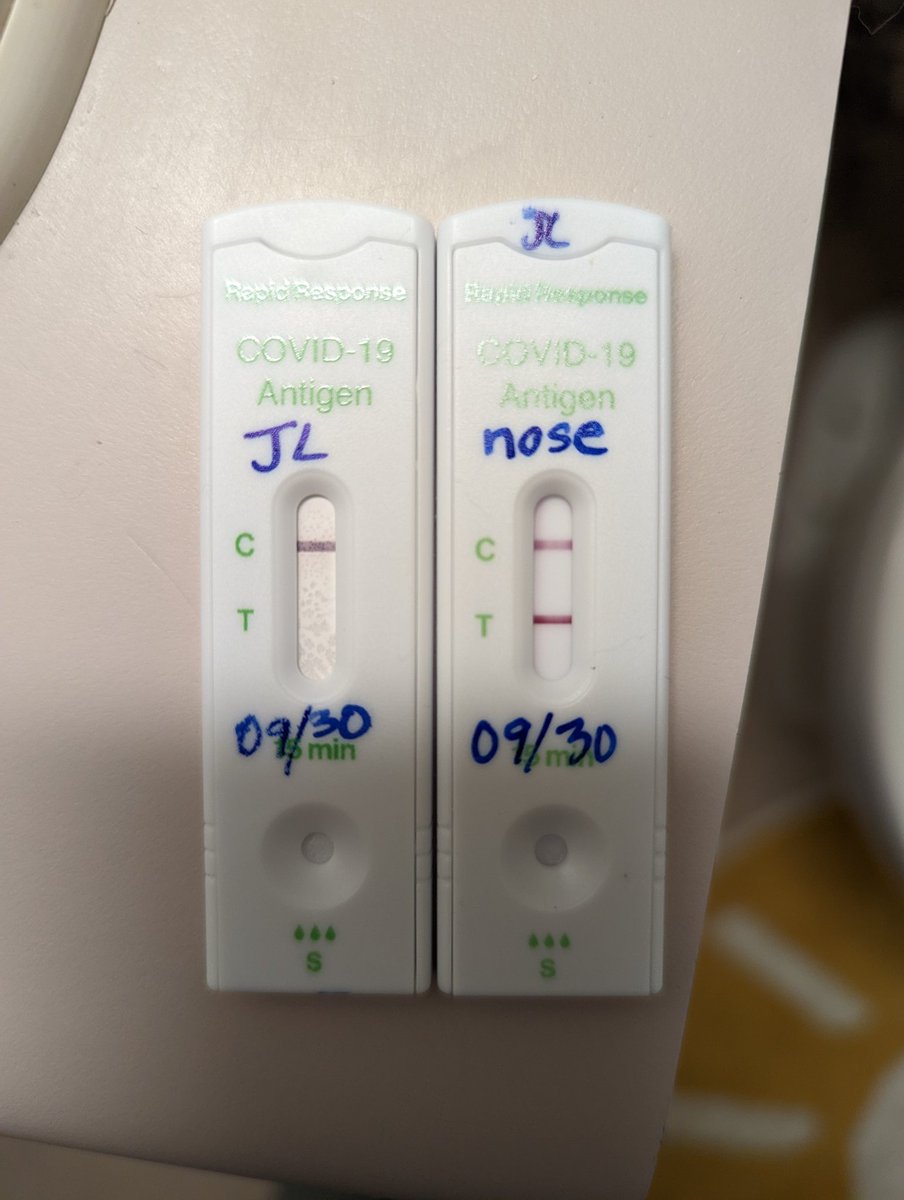 *sigh* After successfully avoiding COVID for more than two years, it finally caught up with me. I've been testing all week b/c it entered our household on Sunday night. Left test is 9:00 this morning, right test is 8:00 this evening—I went from (-) to (+) in just half a day.