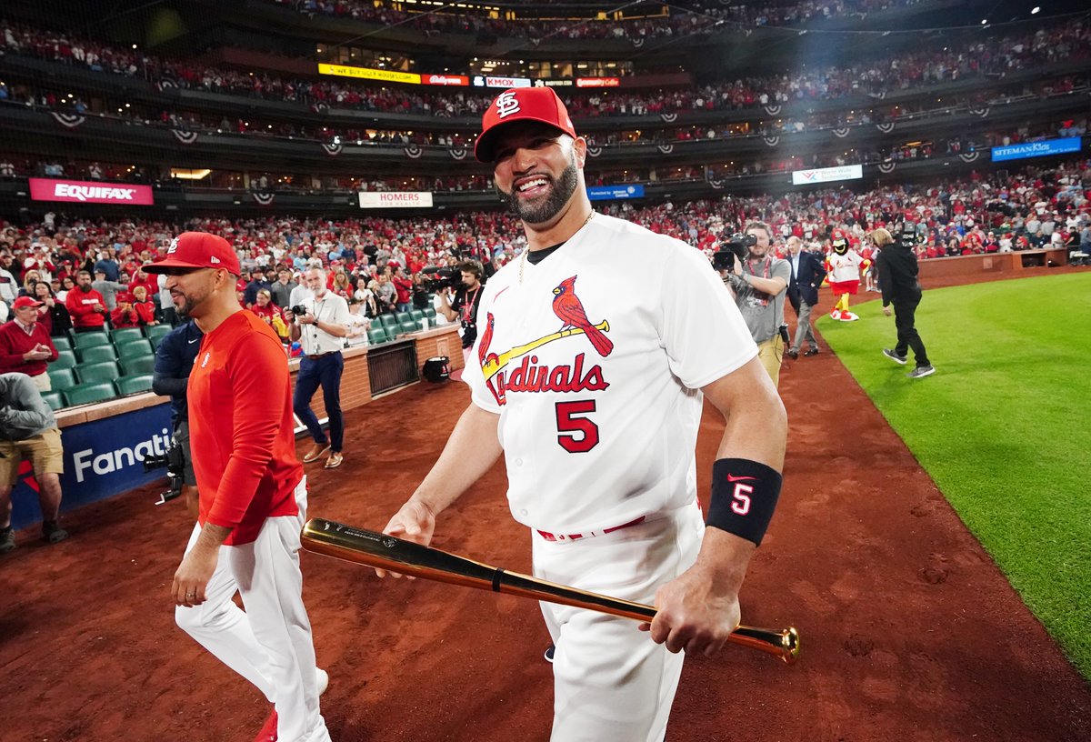 St. Louis Cardinals Albert Pujols walks off the field after pre game ceremonies honoring him for hitting his 700th career home run, before a game against the Pittsburgh Pirates at Busch Stadium in St. Louis on Friday, September 30, 2022.