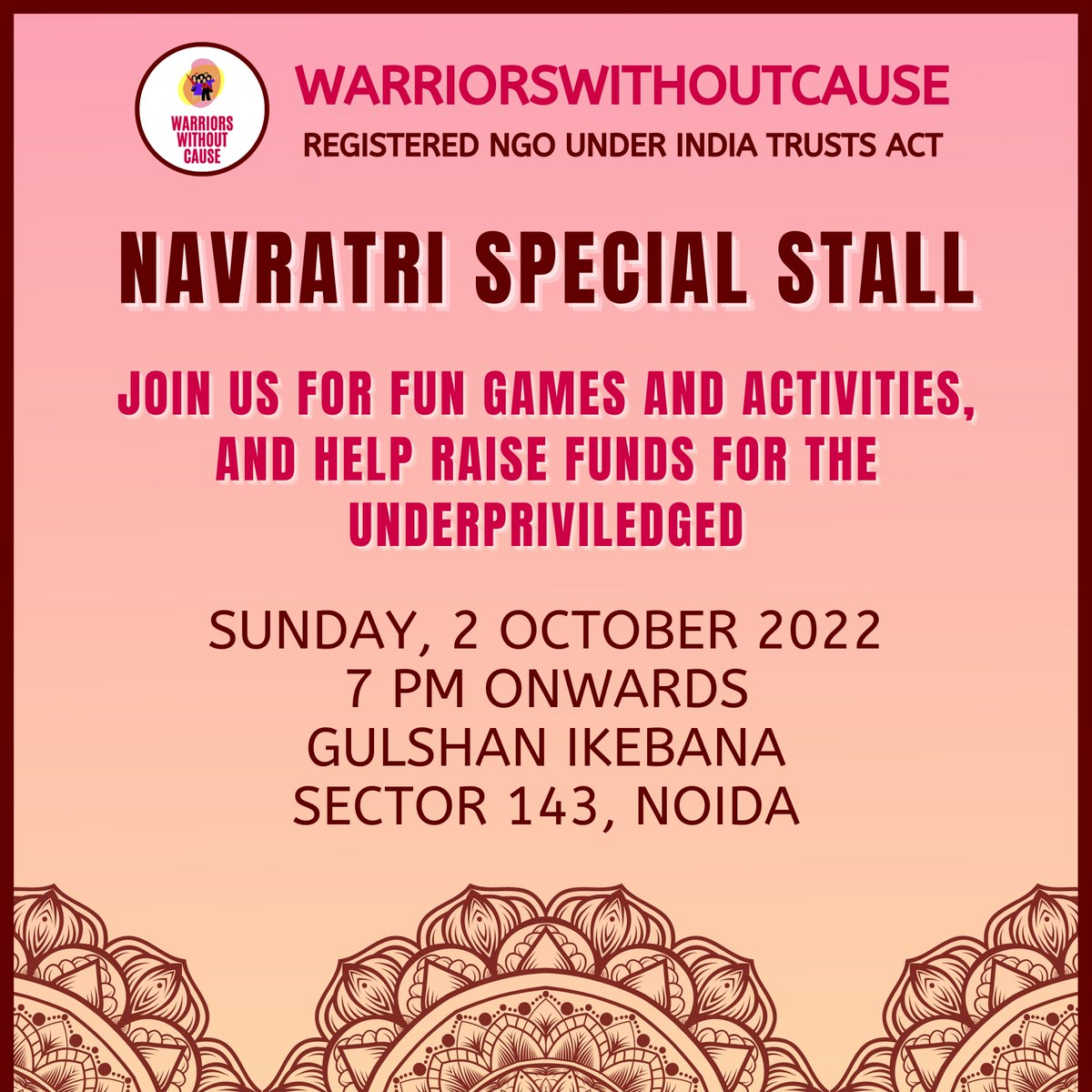 wwcngo's tweet photo. Warriorswithoutcause is conducting a Navratri Stall on Sunday, 2 October 2022, at Gulshan Ikebana, Sector 143, Noida to raise funds to help the underprivileged. 

Join us for the games, activities, and help the cause. 

You can also always donate for the same. Link in Bio :) https://t.co/IWtN8RnggN