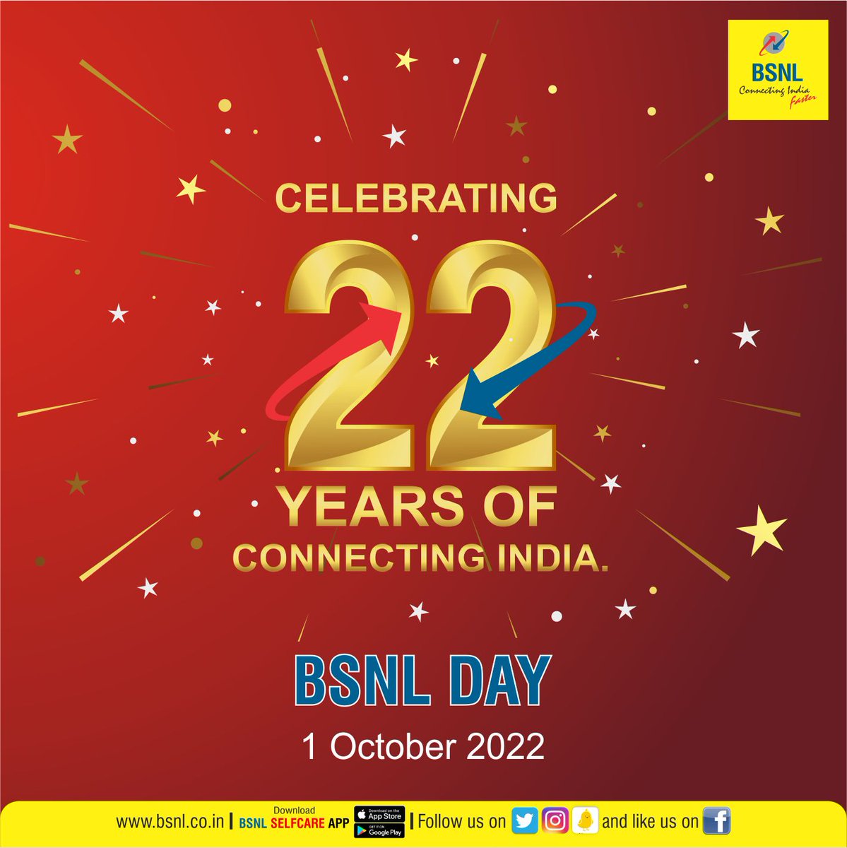 On its 22nd #FoundationDay, #BSNL celebrates the stupendous feat of connecting every part of the country.
#BSNLDay #BSNLFoundationDay #ConnectinngIndia <a href="/CMDBSNL/">A. Robert Jerard Ravi</a>