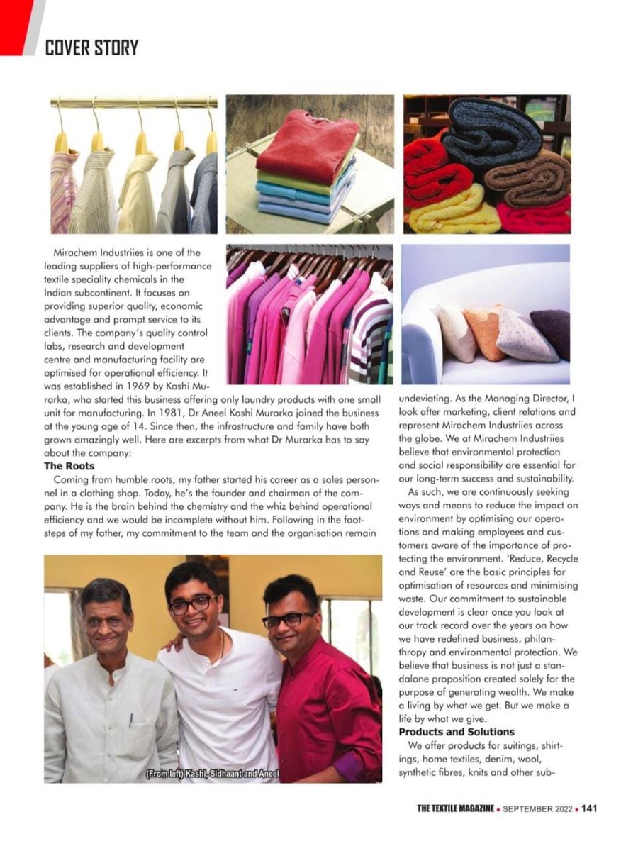 AneelMurarka's tweet photo. Finally the wait is over! 
“सब्र का फल हमेशा मीठा होता हैं” Super excited to be featured on the cover of the latest issue of @MagazineTextile (Sept' 2022), with an exclusive cover story on Mirachem Industriies titled 'Moving Forward Sustainably'
https://t.co/bStMDLlfcO… https://t.co/avVJNtgAjh