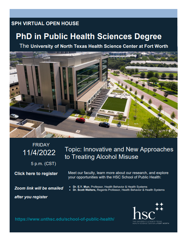 EunyoungMun's tweet photo. Join us at our virtual open house to learn more about earning your PhD in Public Health Sciences @UNTHSC and working with @EunyoungMun  and @StwaltersScott.
Sign up for October 13: https://t.co/xYVQfbPl2R
Sign up for November 4: https://t.co/A2tb75ISJ6 https://t.co/Bz5wukZFaQ