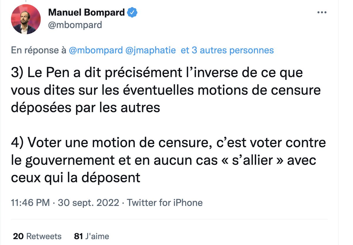 tcabarrus's tweet photo. Ce tweet d'#EmmanuelBompard de #LFI adressé à #JMAphatie est un aveu:
"Voter une #motiondecensure, c’est voter contre le gouvernement et en aucun cas "s’allier" avec ceux qui la déposent".
C'est clair: #LaFranceInsoumise compte bien voter la #motiondecensure du #RN. Et ça pue.🤮 https://t.co/f0jjyjODMt