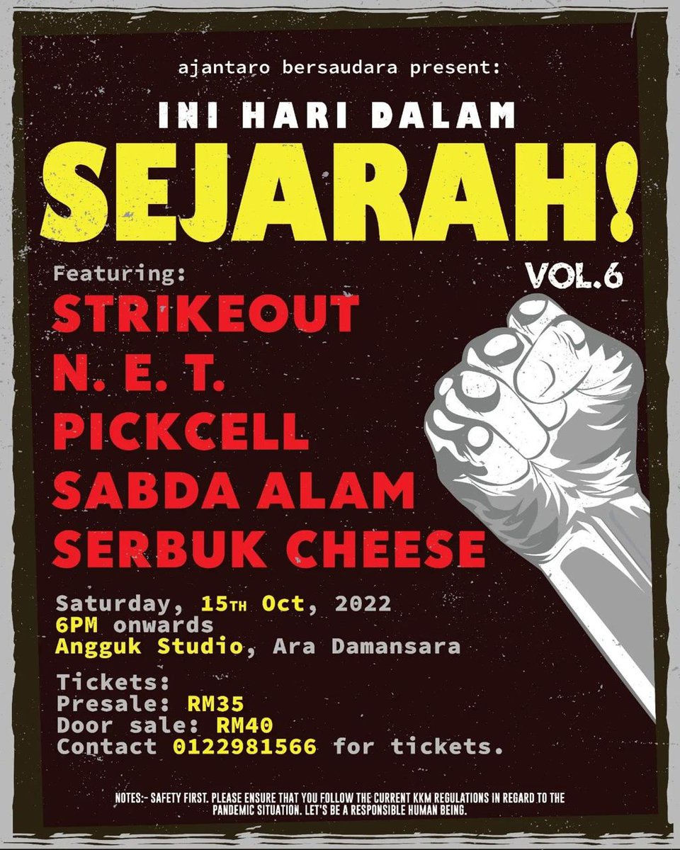 Jenn_Thompson's tweet photo. #ONGROUND LIVE : INI HARI DALAM SEJARAH Vol.6
ft. @strikeoutmy @NetJBHC @Pickcell #SabdaAlam @serbukcheese
at #AnggukStudio, Jln PJU 1A/3, Ara Damansara #PJ #SELANGOR
SATURDAY October15 6pm
TICKETS HERE : +6012.298.1566 https://t.co/vQHZD0fnly