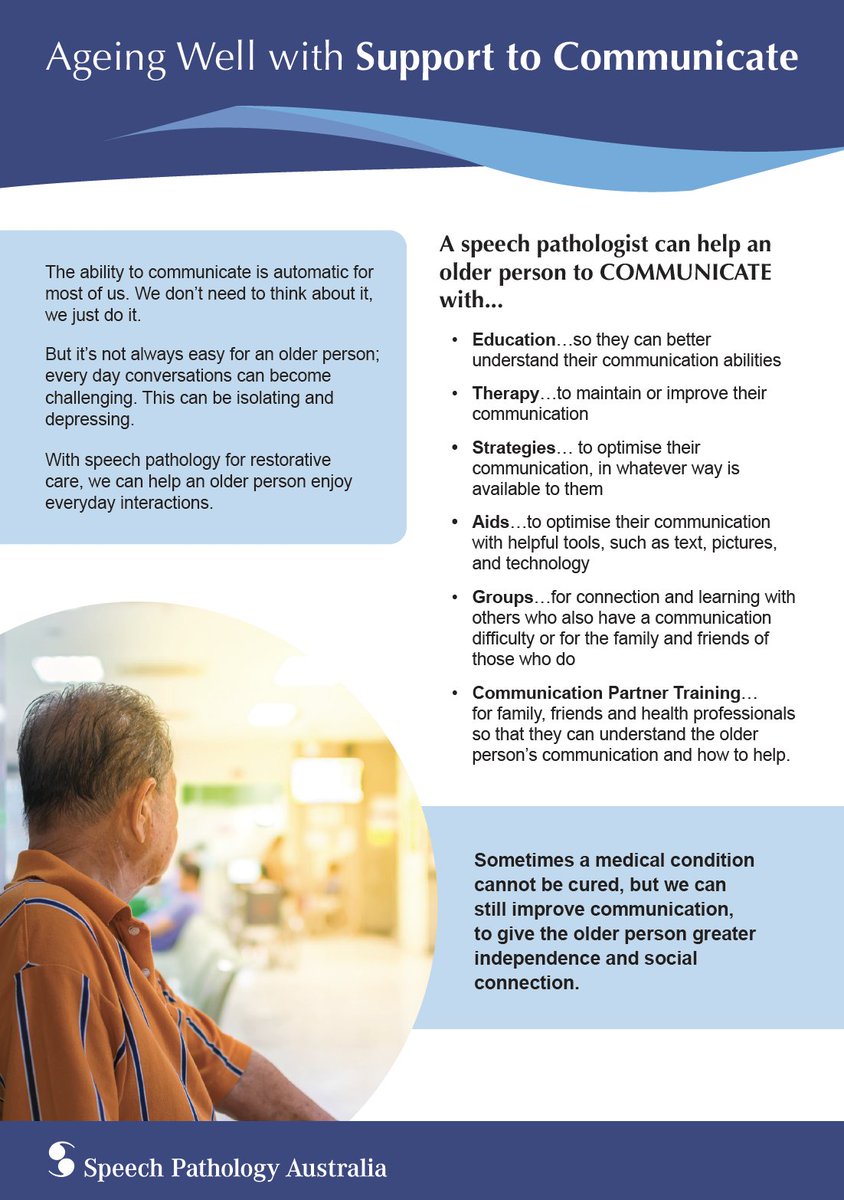 speak_with_rim's tweet photo. Today is the International Day of Older Persons and marks the beginning of @SpeechPathAus's 'Ageing Well campaign', which will run through October. Flick through the images below to understand how #SLPs support older people's communication! 
#SPAageingwell #slp2b #GoSHspeech https://t.co/ARcuSMMpDw
