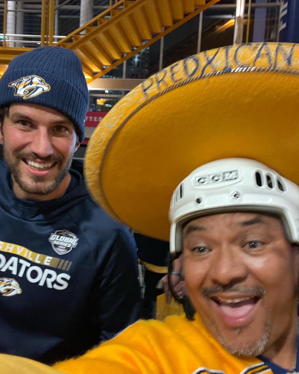 Predxican98's tweet photo. Great to see Señor Felipe, El Capitan Ramon Jose, Don Rogelio @RyanJohansen19 and El Jugo, after a big win on #hispanicheritagemonth game !! I see you in Prague @predsnhl !! Let’s Bring #Smashville to the other side of the Pond #nhlglobalseries #predsvssharks https://t.co/eP6W3y9G7G