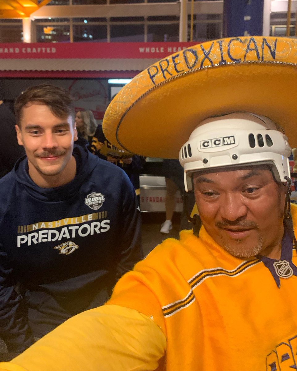 Predxican98's tweet photo. Great to see Señor Felipe, El Capitan Ramon Jose, Don Rogelio @RyanJohansen19 and El Jugo, after a big win on #hispanicheritagemonth game !! I see you in Prague @predsnhl !! Let’s Bring #Smashville to the other side of the Pond #nhlglobalseries #predsvssharks https://t.co/eP6W3y9G7G