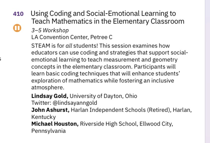 lindsayanngold's tweet photo. Come see @kiltedcyclist and I at #NCTMLA2022! Tomorrow at 8:00 AM in Petree C, you can learn about teaching #geometry through #coding to students in Grades 3-5. #NCTM2022 #NCTMLA https://t.co/4nQKGCyvva