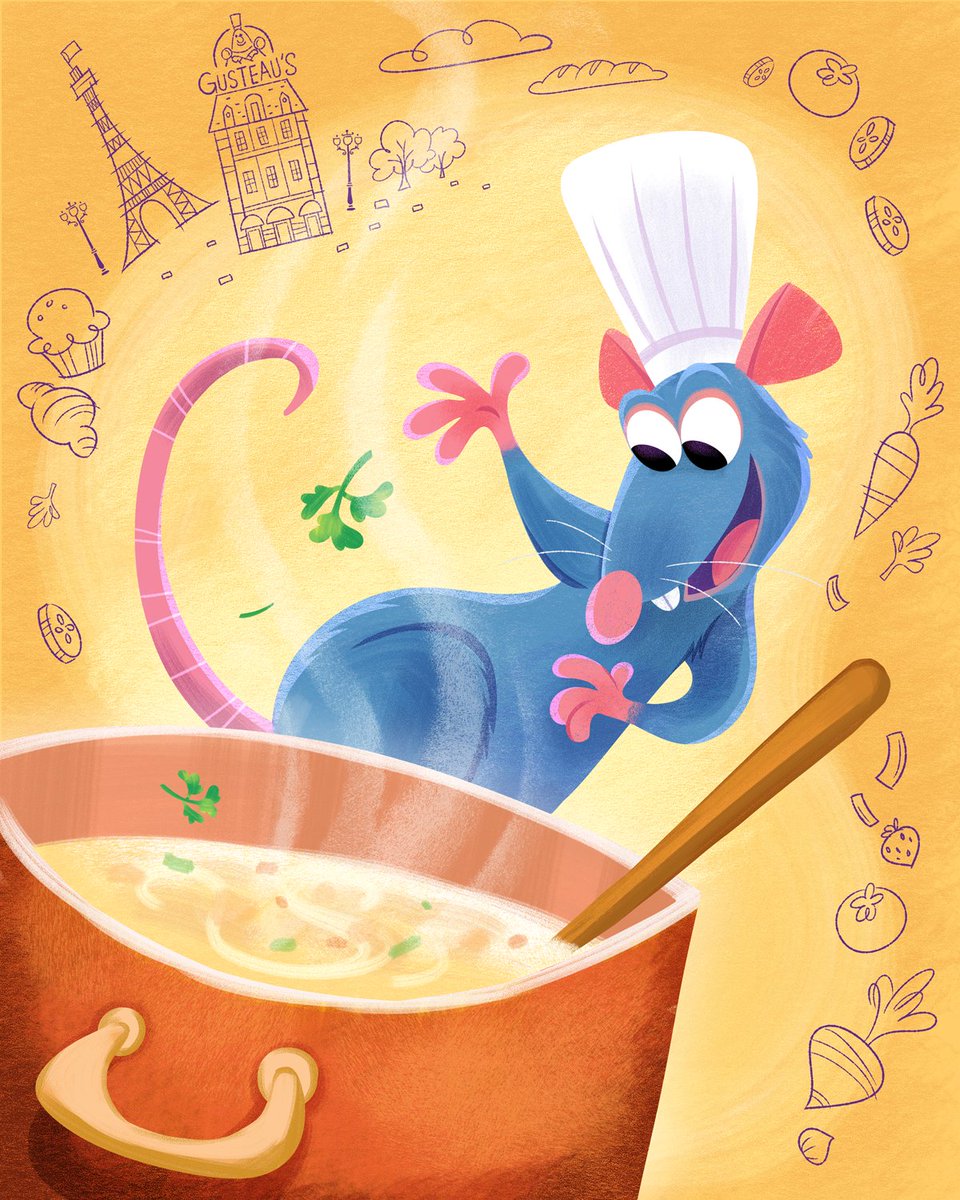 Pixar's tweet photo. "Remy is an inspiration to me because he is an artist at heart. I love his passion for cooking, for creating, and his relentless pursuit to perfect his craft. He had a dream and went for it despite the obstacles in his path, with help from his family and friends. (1/4) https://t.co/VGc98LtiPg