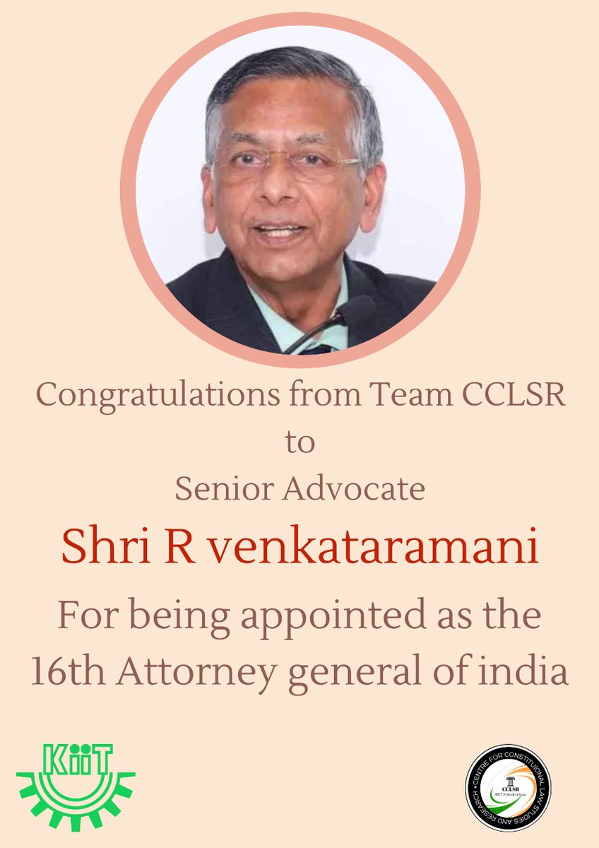 CclsrKiit's tweet photo. Team CCLSR congratulates Senior Advocate Shri R. Venkataramani.
#cclsr #kiit #kiitschooloflaw #AttorneyGeneral https://t.co/WvLKg7yw4e
