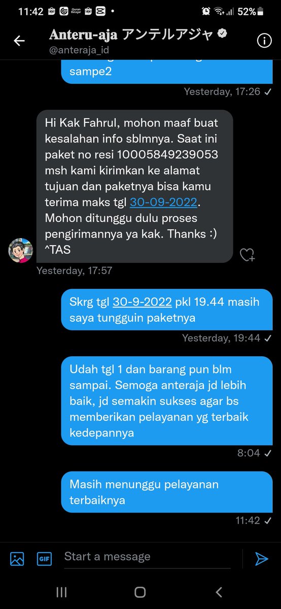 DenFahrul's tweet photo. @anteraja_id tanggerang - bekasi hampir 4 hari paket blm sampai. Luar biasa, gak heran isi mentionnya komplainan semua. Dan skrg DM pun sudah tdk ada responnya. Semoga semakin baik dan ada solusinya deh https://t.co/qes74d6QRF