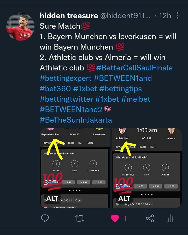 I said 100% win 
1. Bayern munchen  wins by 4 goals
2. Athletic club wins by 4 golas 
#BetterCallSaulFinale #bettingexpert #BETWEEN1and #bet360 #1xbet #bettingtips #bettingtwitter  #FIFA23
#1x10DelBuenGobierno #bet360 #BetweenUsTheSeries