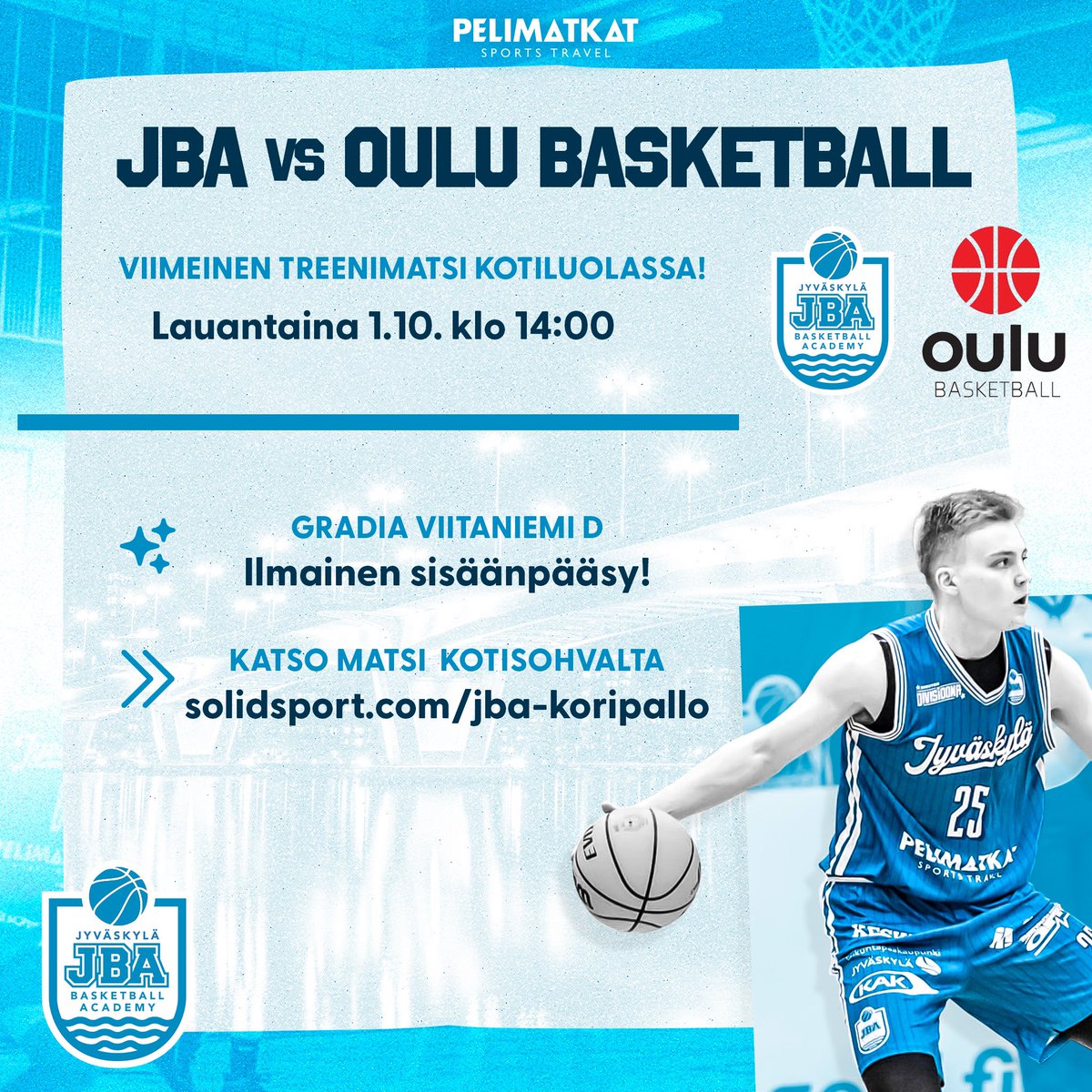 jba_fi's tweet photo. Koripalloa Gradialla!
🏀
Miesten viimeinen kotitreenimatsi Gradialla tänään tasan klo 14, vastassa kolmen kovan jenkin @oulubasketball. Siispä saavu paikanpäälle toteamaan JBA:n syyskunto tai katso mittelö suorana lähetyksenä:
https://t.co/8bbNx4Yk43
#jbafi #m1d https://t.co/UBZ5tGBnph