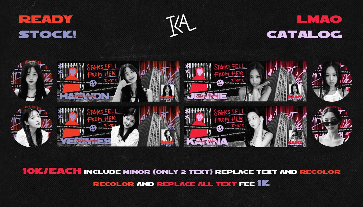 Lersbi's tweet photo. Halo! Ical bawa layout ready stock girlgroup dengan harga 10k/each, include recolor (FREE) dan (minor) replace text! 🙆🏻‍♂️

Avail: Wonyoung, Haewon, Yeri, Jennie, Yeojin, Rose, Seulgi

#zonauang
https://t.co/RgftMhhUYI