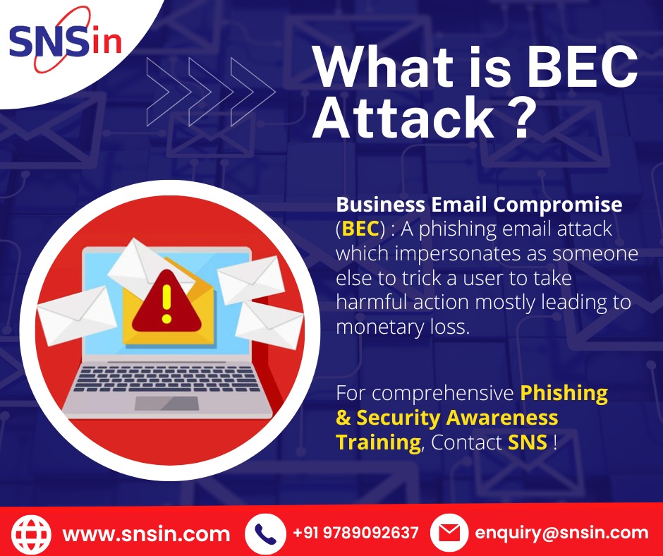 SolutionsSecure's tweet photo. What is #BECAttack ?

Business #Email Compromise (BEC): A #phishing email attack which impersonates as someone else to trick a user to take harmful action mostly leading to monetary loss.

For comprehensive Phishing &amp; Security Awareness Training, Contact #SNS :  enquiry@snsin.com https://t.co/GhaSvr28L1