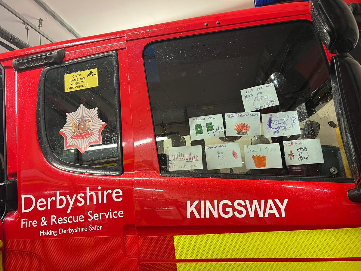 DerbyshireFRS's tweet photo. On Friday, Mickleover Squirrels🐿️ visted @Kingswayfire #RedWatch 🔴They all learnt what to do in the event of a fire 🔥 and how to stay safe.  They very kindly made thankyou cards which the crew loved! ✉️

Remember, in the event of a fire, get out, stay out and then call 999! 🚒 https://t.co/SBD9wXjqYD