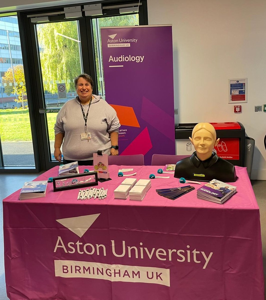 Come and talk to @claire_wilkes79 (and of course Fred the head!) today about our undergraduate Audiology degrees! #openday @AstonHLS @AstonUniversity