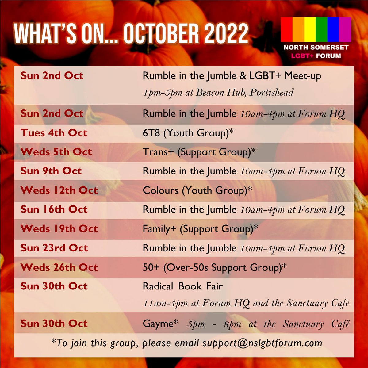 Check out what we have planned for October! If you or someone you know wishes to join one of our support groups, please email support@nslgbtforum.com before attending. See you soon!