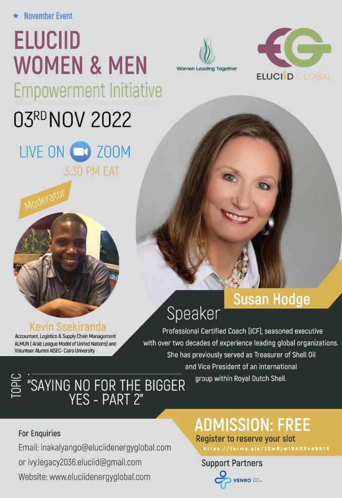 EluciidUG's tweet photo. The session will be delivered by Mrs. Susan Hodge an executive, leadership and career coach holding a Professional Certified Coach credential (International Coach Federation), as well as a seasoned executive with over three decades of leadership experience. https://t.co/CFmtqyYHap