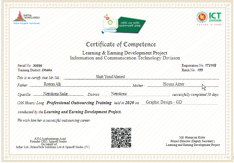 shahyusufahmed's tweet image. Alhamdulillah Finally Got a Certificate of Competence Learning &amp;amp; Earning Development Project - LEDP Graphic Design - GD Thanks ICT Division, Bangladesh