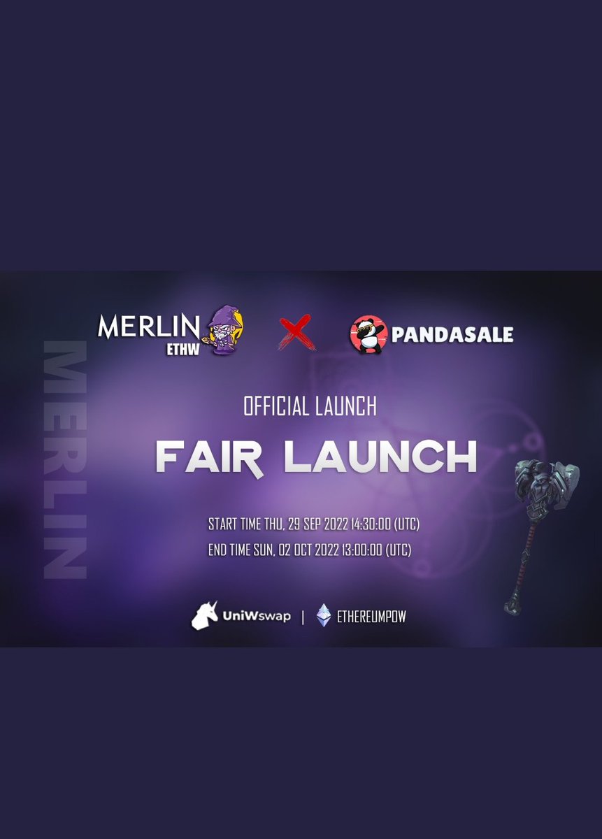 MerlinETHW ($MERLIN) on EthereumPoW 

🔰Token TOKENOMICS

🔰Low Tax : 5%  (Liq: 3% / MKT: 2% )  
✅Supply: 10,000,000
✅Name: MerlinETHW
✅Symbol: MERLIN
✅Decimal: 9
✅Network : #EthPoW

Fair Launch: pandasale.finance/launchpad/0x74…
Contract : 0x6072b631025c2e1BfA65591406b7e592a7EBee27