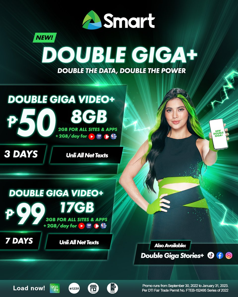 LiveSmart's tweet photo. Double your power with #SmartDoubleGigaPlus!

Get 8GB, 2GB for all sites and apps + 2 GB a day for Youtube, TFC, NBA &amp; Cignal Play for only P50! 

Power up and load up now: https://t.co/OQgsBJJT1c https://t.co/3xN6H6ZPKS