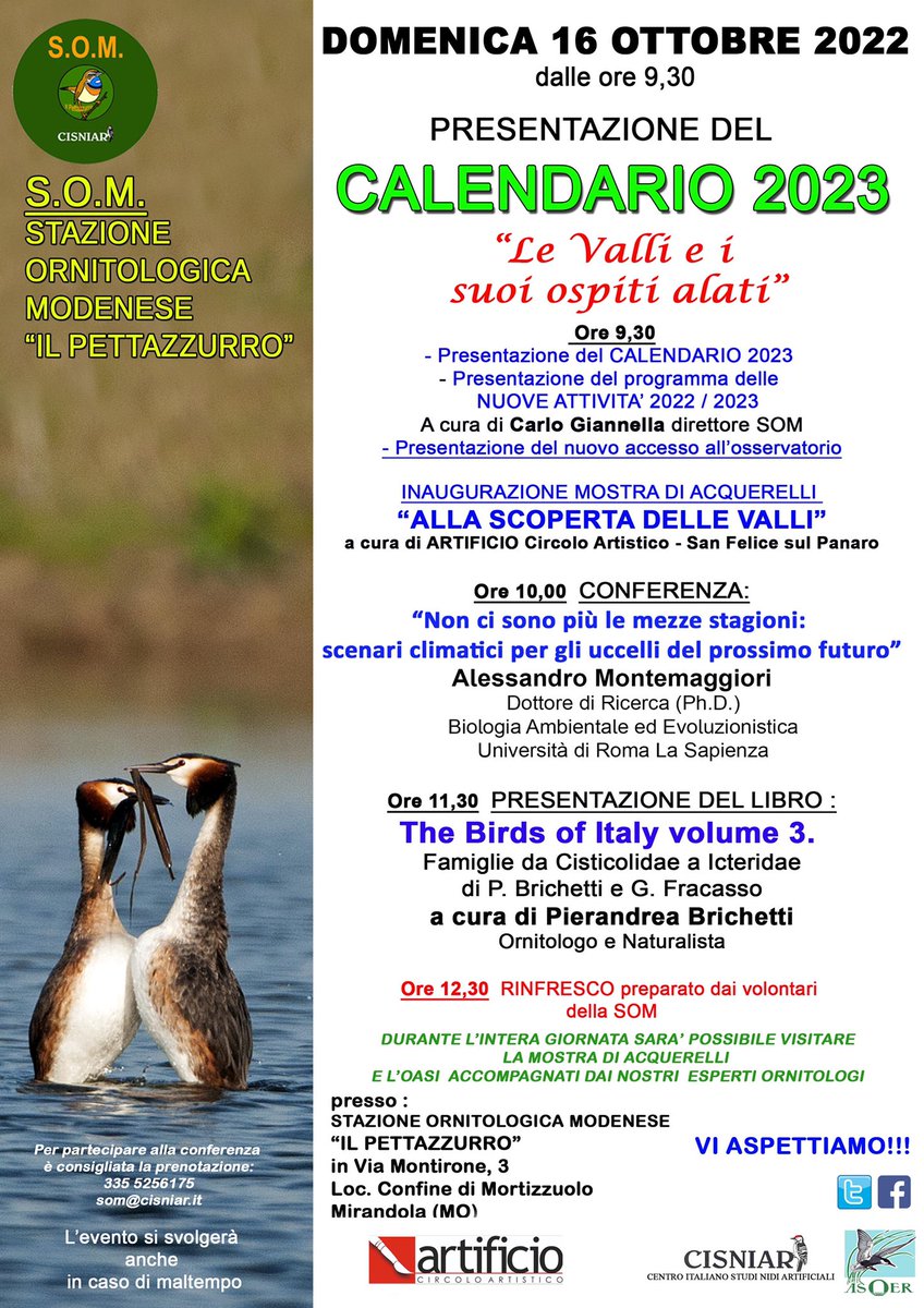 SCisniar's tweet photo. Carissimi amici della SOM, è con immenso piacere che vi invitiamo a partecipare alla giornata di PRESENTAZIONE DEL CALENDARIO 2023, che si terrà DOMENICA 16 OTTOBRE  a partire dalle ore 9,30. Vi aspettiamo.#Birds #birdwatching #ornitologia #EmiliaRomagna #Italy https://t.co/lzHU6BPSUV