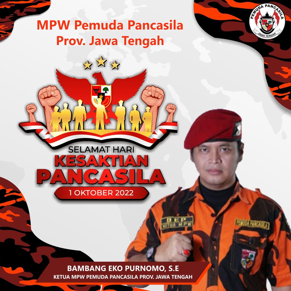 BepJateng's tweet photo. Selamat Hari Kesaktian Pancasila 1 Oktober 2022.
Pancasila Abadi!! 
. 
. 
. 
. 
#harikesaktianpancasila 
#haripancasila2022 
#beparmy 
#pemudapancasila 
#masbep 
#ppjawatengahreborn 
#partaidemokratjateng 
#nkrihargamati🇮🇩🇮🇩💪💪🇮🇩🇮🇩 
#partaidemokrat 
#jawatengah 
#jatenggayeng https://t.co/PGVvl0rW87