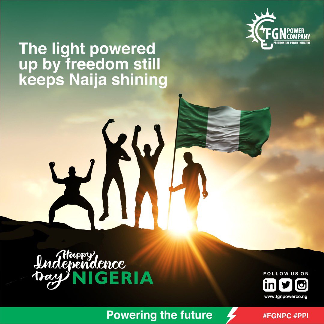 The FGN Power Company felicitates with every Nigerian on the 62nd Anniversary of our great nation. We assure you of our relentless efforts to improve electricity access in Nigeria. 

#modernizethegrid #PPI #FGNPC #poweringnigeria