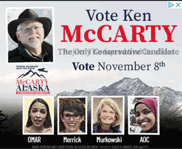 alaskalandmine's tweet photo. Wow. In addition to this Ken McCarty ad looking absolutely horrible, he got @AOC and @IlhanMN mixed up. And it’s not even clear that Kelly Merrick is his opponent. Very loose! #akleg https://t.co/tkuRDVLAqC