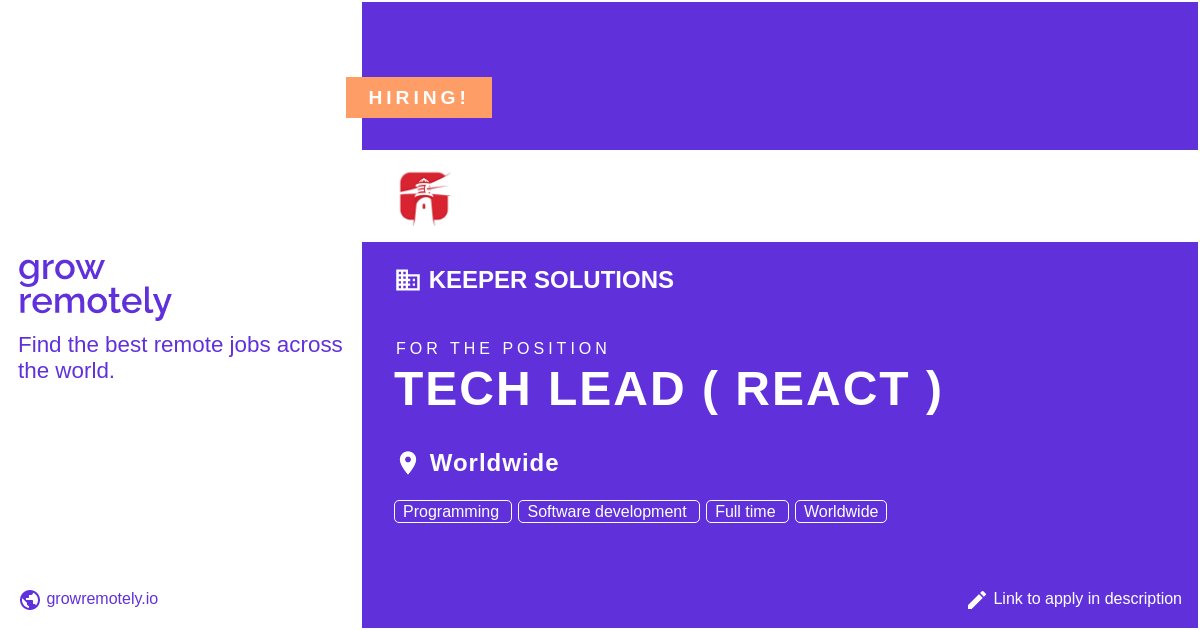 growremotelyio's tweet image. Check out this job at Keeper Solutions for the position Tech Lead ( React ).

 Apply link: growremotely.io/?id=633785ca22…

#hiring #remotejobs #KeeperSolutions #Programming