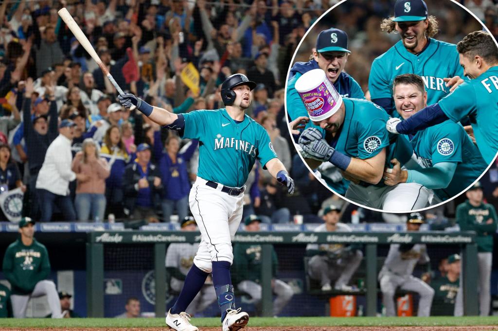 nypost's tweet photo. Mariners' 21-year playoff wait ends on Cal Raleigh's walk-off HR https://t.co/cCCbWzMWuF https://t.co/FrCsUS5DRk