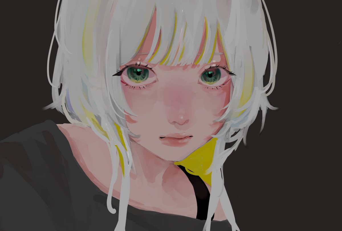 1girl solo green eyes looking at viewer simple background white hair portrait  illustration images