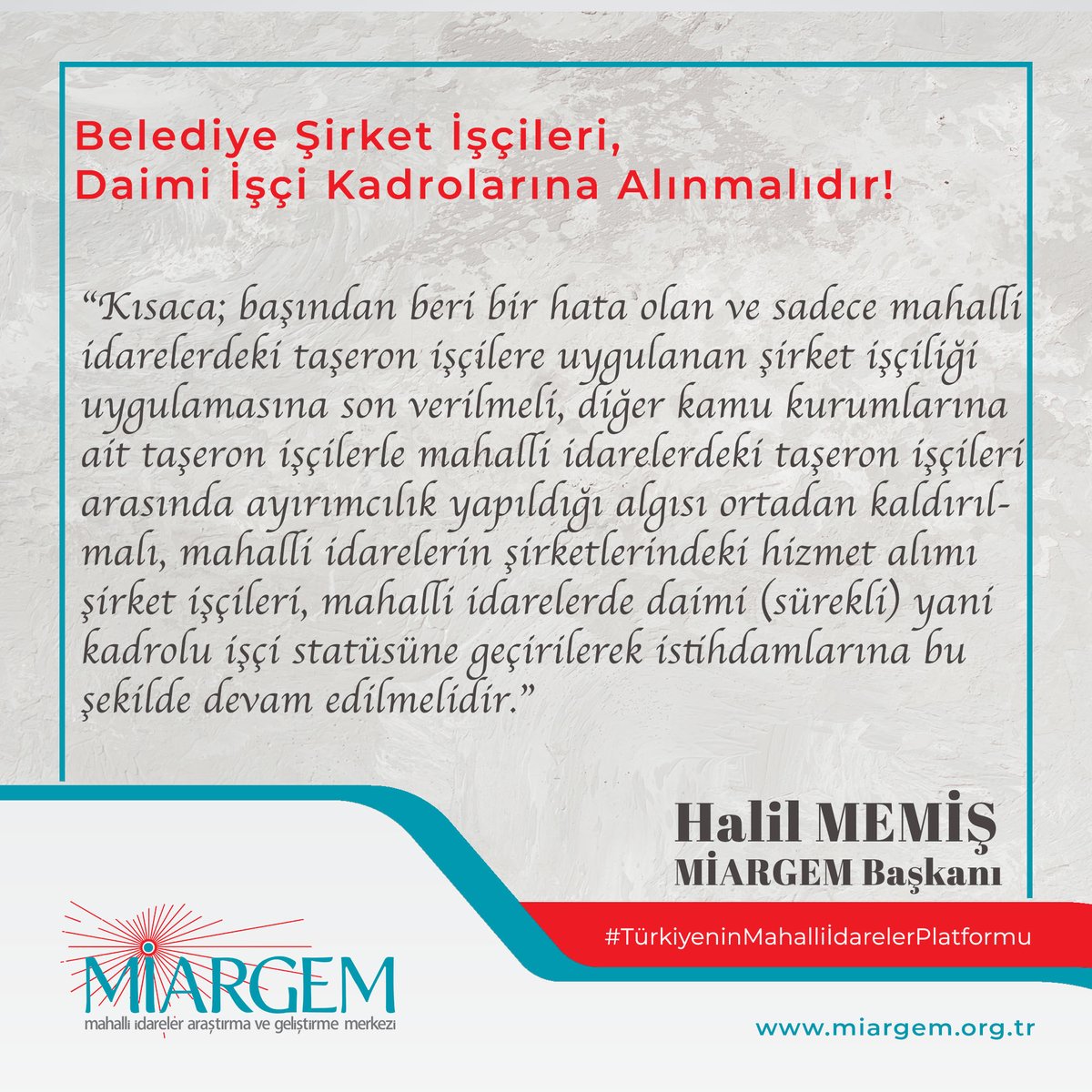 Belediye şirket işçileri Yerel yönetimlerde kamu hizmeti veriyor dolayısıyla kamu işçileridir.
696 sayılı KHK ile Belediye iştirak şirketlerine aktarılan belediye işçileri Sürekli (Daimi) işçi kadrolarına alınmalıdır. İş barışı sağlanmalıdır.
@vedatbilgn 
BitinHakkı NormKadro