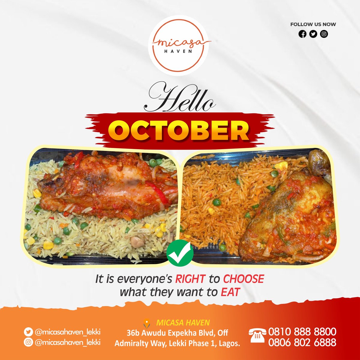 MicasaHaven_L's tweet photo. Welcome to October ๐งก
.
This month of October is all about exciting taste of variety of foods ๐
#micasahaven #october2022 #helloctober #lekkiphase1 #foodiesinlagos #lagosfoodvendorsnaija #restaurantinlekki https://t.co/tthtXdNFYJ