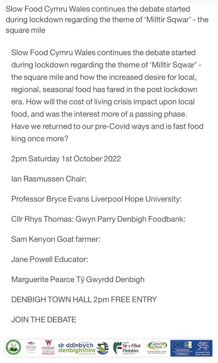 Looking forward to experiencing Denbigh Plum Feast for the first time later today 🏴󠁧󠁢󠁷󠁬󠁳󠁿 and to speaking in the <a href="/SlowFoodinWales/">Slow Food Cymru Wales</a> debate on food &amp; cost-of-living. <a href="/trinehughes/">Trine Hughes</a> <a href="/GoNorthWales/">Go North Wales 🏴󠁧󠁢󠁷󠁬󠁳󠁿</a> <a href="/castellgwyn/">🧀Castell Gwyn Cheese🧀</a> <a href="/SnowInSummer33/">Snow In Summer</a> <a href="/RealFruitSpirit/">&</a> <a href="/angusenyo/">Ian Rasmussen</a>