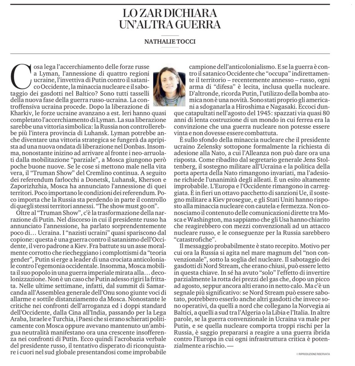 NathalieTocci's tweet photo. Stamane su La Stampa per tracciare un filo che lega i punti sparsi in questa fase della guerra, dall’avanzata ucraina ad est all’annessione russa, dalla minaccia nucleare alla realtà di una guerra ibrida https://t.co/6buSk7ezpt