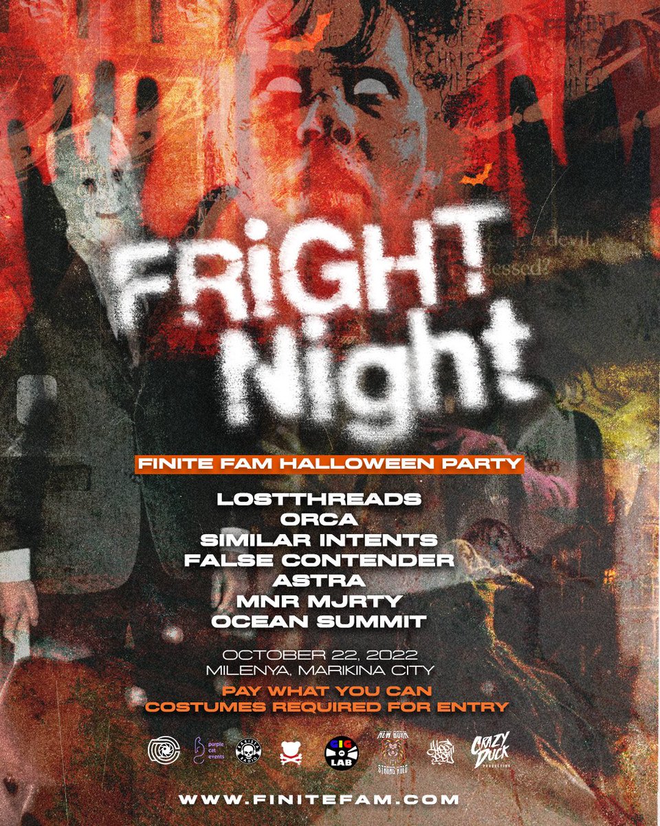 Halloween is creeping up! Thrill on as we bring you #FrightNight: Finite Fam Halloween Party! Prepare your ears and get ready for a night of screams and drinks this October 22nd, Saturday, at Milenya, Marikina City! 🎃 👻  

Best costumes will get prizes from us and Doodletoons!