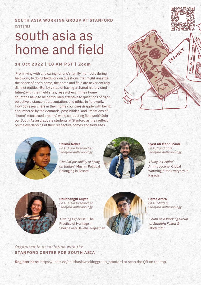 How do researchers grapple with the demands, possibilities, &amp; limitations of "home" while conducting fieldwork in their home countries? Join the first event of the South Asian Working Group at Stanford, @csa_stanford this year-'South Asia as Home &amp; Field'.
linktr.ee/southasiaworki…