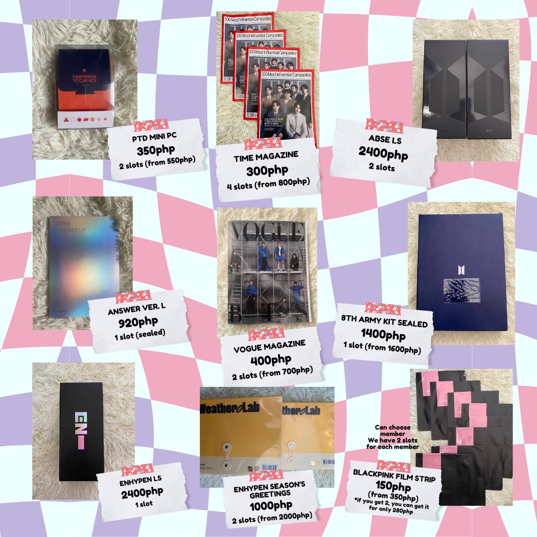 SeoulCandE's tweet photo. SEOULCANDE ONHAND SALE
Prices in the pictures below 💖
Items from BTS, Blackpink, Seventeen and Enhypen 💕
Will post at 7pm, today through our IG: @/candemnl 

🏷️ph wts lfb army blink carat engene https://t.co/zD8EFfBwhy