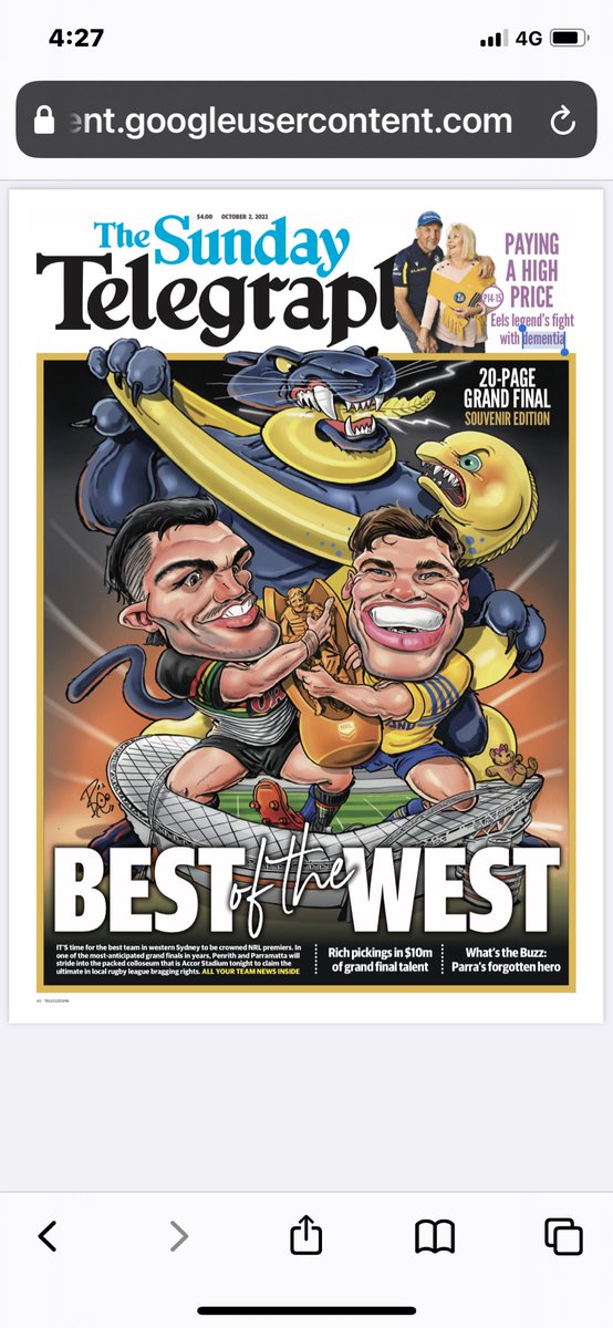 BooBaileyTele's tweet photo. One more sleep. The battle of the west , my art for tomorrowโs cover of the ultimate #NRLGF 20 page wrap in the Sunday @dailytelegraph . Good luck gangs. @TheParraEels @PenrithPanthers @telegraph_sport @BuzzRothfield @BulldogRitchie #PARRAdise #penrithpride https://t.co/QDbeYTrbM6