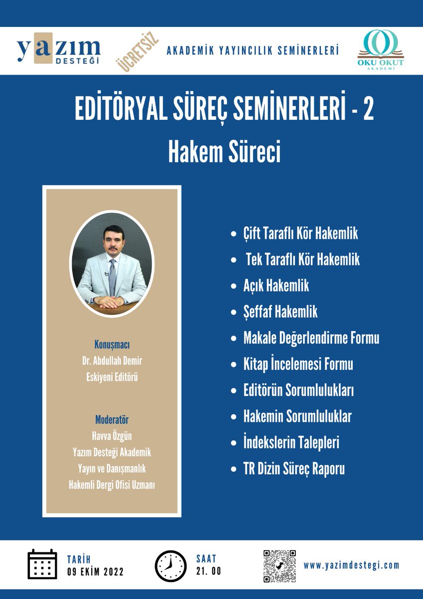 Hakem Süreci Semineri 9 Ekim 2022 21:00 | Çevrim İçi | Ücretsiz yazimdestegi.com/editoryal-sure…