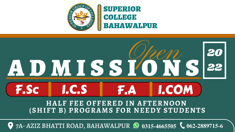 GroupBahawalpur's tweet image. Get registered in,
SUPERIOR GROUP OF COLLEGES
(BAHAWALPUR CAMPUS)
Intermediate plus classes and start your journey of success in the fastest growing educational institute of Pakistan.
#superiorgroupofcolleges
#BeSuperior
#IntermediatePlus
#opportunity
#admissionopen2022