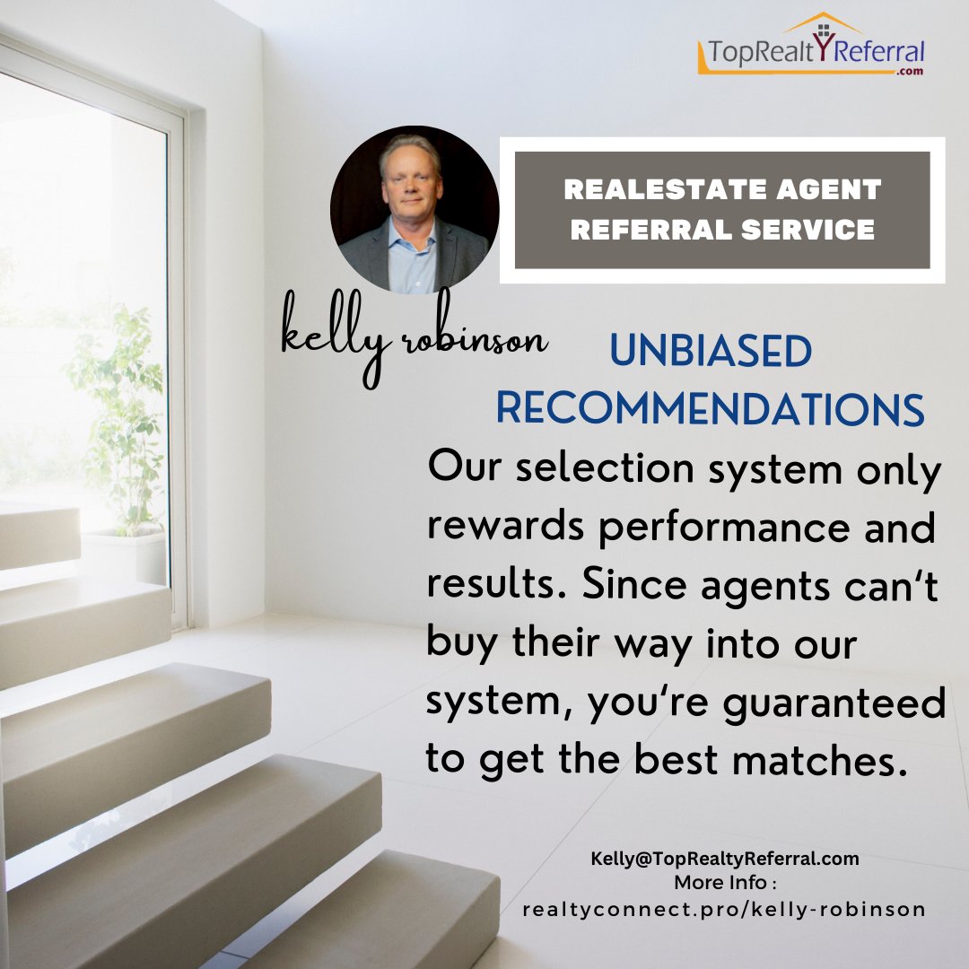 #Realestate agent referral service!! My selection system only rewards performance and results. Since agents can‘t buy their way into my system, you‘re guaranteed to get the best matches. #realtors #realtorsusa Email- Kelly@TopRealtyReferral.com Website- toprealtyreferral.com