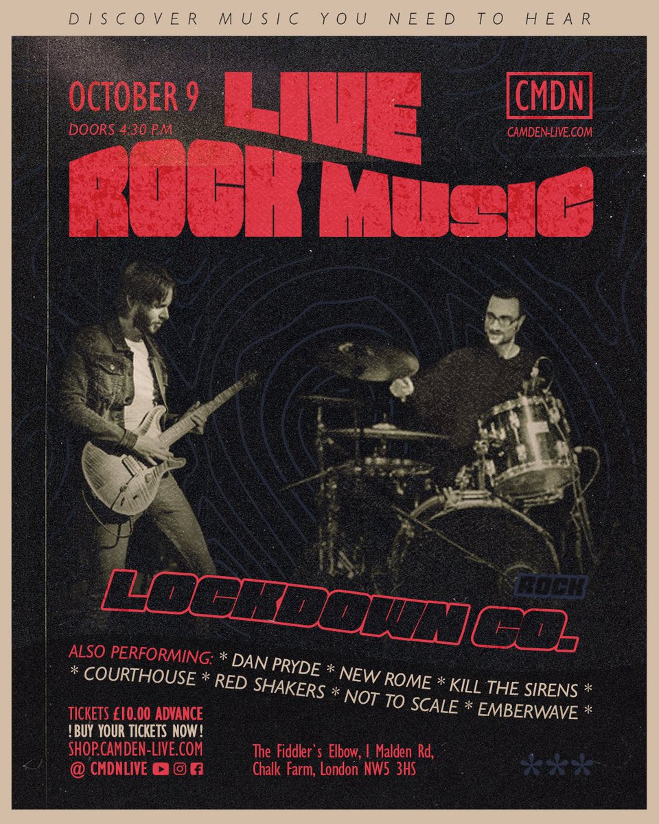 Lockdown Co. (@colockdown) on Twitter photo We. Are. Back 🔥
Returning to <a href="/FiddlersCamden/">The Fiddlers Elbow</a> on the 9th of October to play an expanded set from our debut show.
If you’re in and around Camden next Sunday, why not come by.
Tickets available in the following link: shop.camden-live.com/?rfsn=6505069.… We. Are. Back 🔥
Returning to <a href="/FiddlersCamden/">The Fiddlers Elbow</a> on the 9th of October to play an expanded set from our debut show.
If you’re in and around Camden next Sunday, why not come by.
Tickets available in the following link: shop.camden-live.com/?rfsn=6505069.…