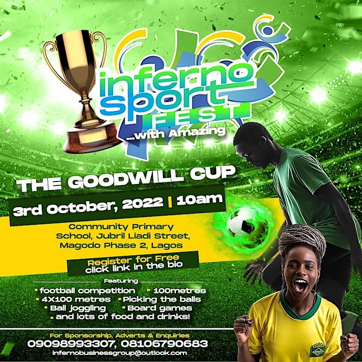 CUAB_Alumni's tweet photo. Here's some fun for our Sports enthusiasts and avenue for reunion.

@InfernoEvents_ presents the Inferno Sports Fest with Amazing.

📅  Mon, 3rd October 2022
📍 Community Primary Sch, Jubril Liadi Str, Magodo Phase 2, Lagos
🕙 10am

REGISTRATION IS FREE
https://t.co/YENZ3mRKOM https://t.co/ohaG53EtOT