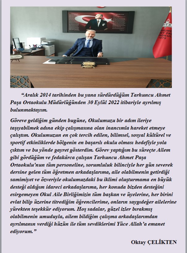 Okul Müdürümüz Oktay ÇELİKTEN'in veda mesajı... 
<a href="/KeciorenMEM/">Keçiören İlçe Milli Eğitim Müdürlüğü</a> <a href="/MemAnkara/">Ankara İl Millî Eğitim Müdürlüğü</a> <a href="/oktaylo/">Oktay Çelikten</a>
